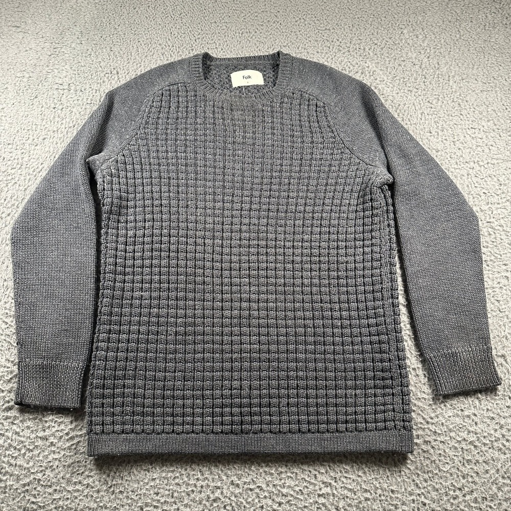 Folk Men's‎ Gray Merino Blend Crewneck Sweater Size 3 Textured Knit Jumper